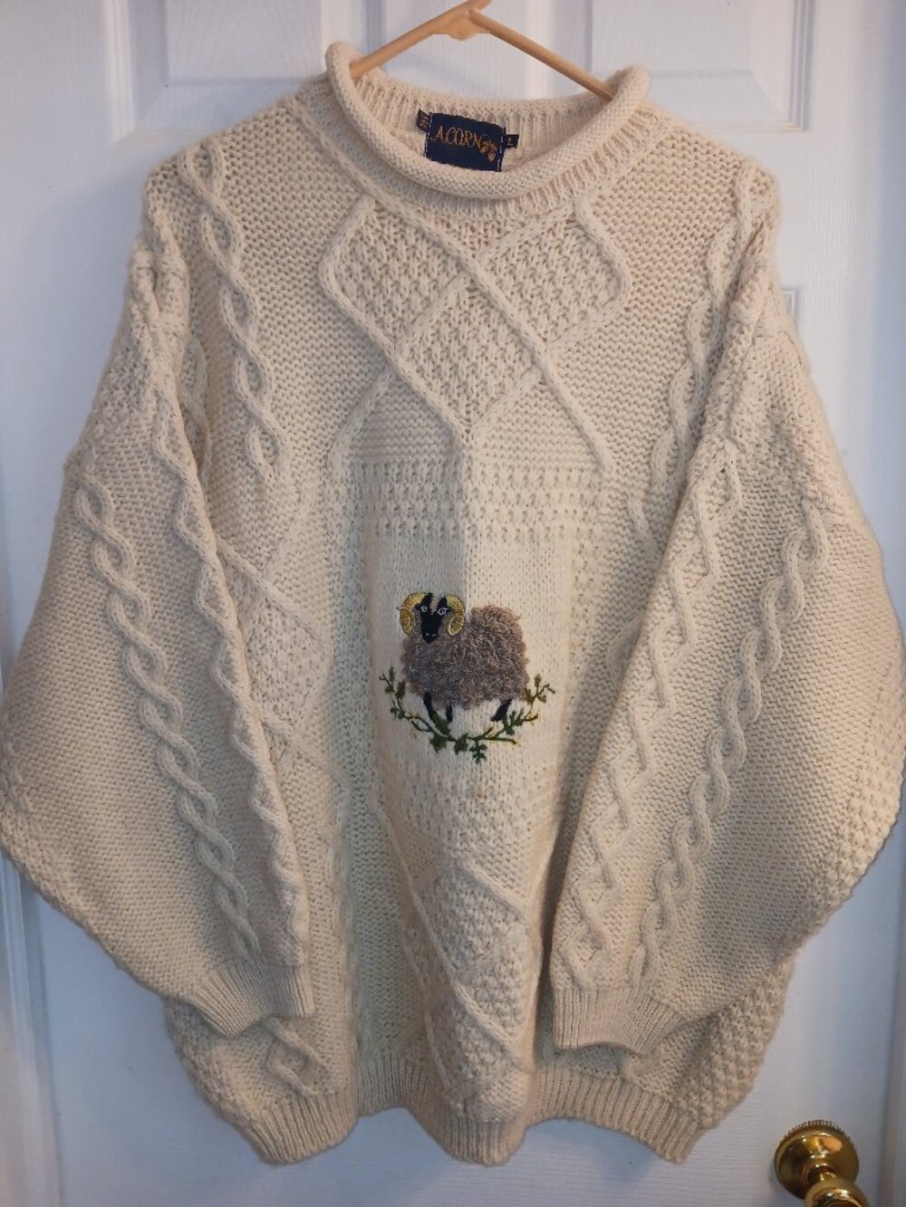 Acorn Ivory British Wool Cable Knit Crewneck Sweater Embroidered Sheep Ram L